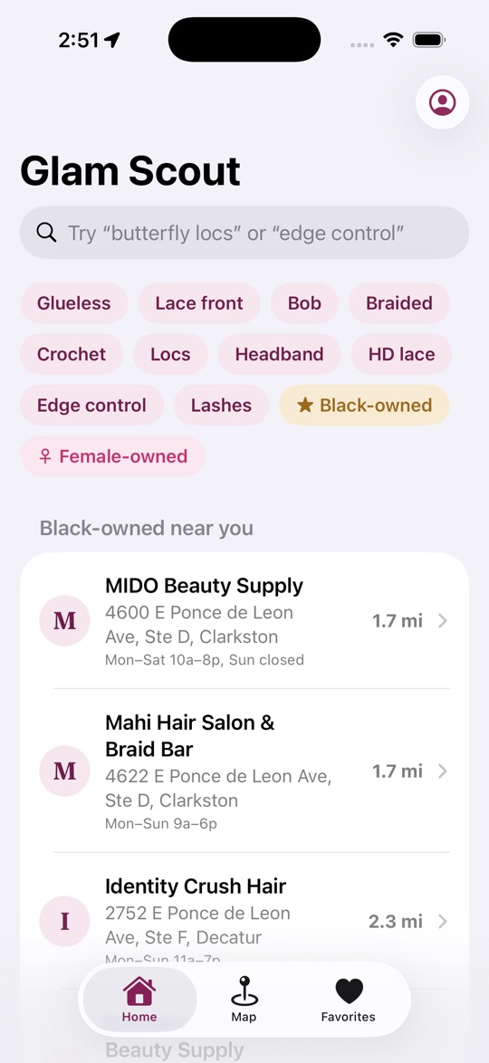 Glam Scout home screen with style chips and Black-owned stores near you