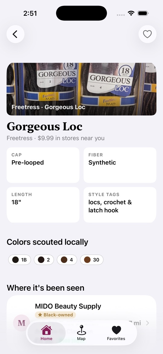 A product page showing the photo, details, and where it has been seen