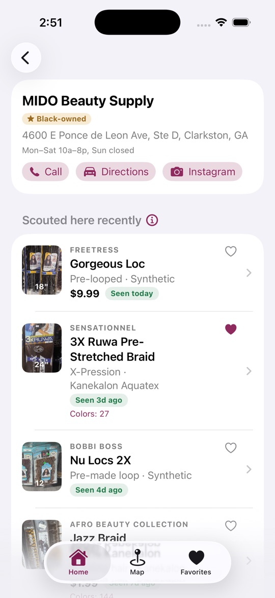 A store page showing products scouted there with photos and freshness